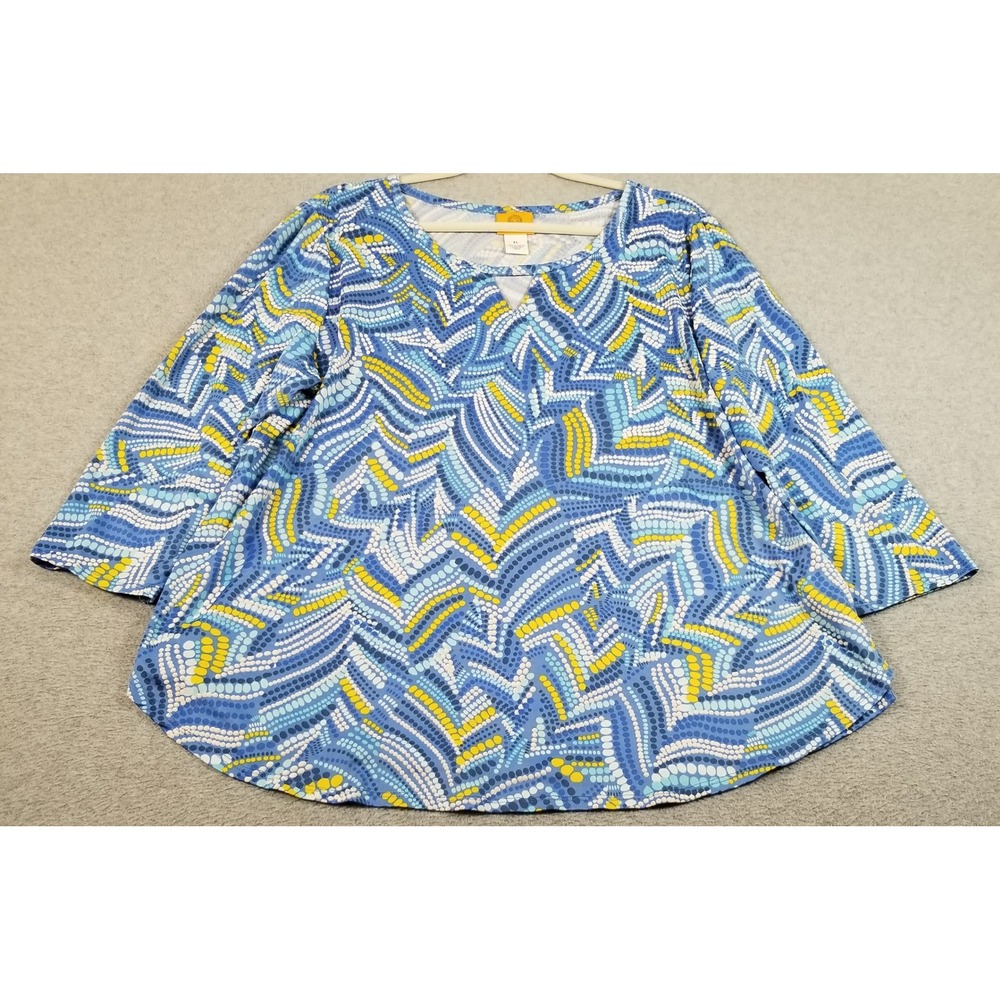 Ruby Rd Top Womens XL Blue Yellow Geometric Abstract V-Neck 3/4 Sleeve Stretch